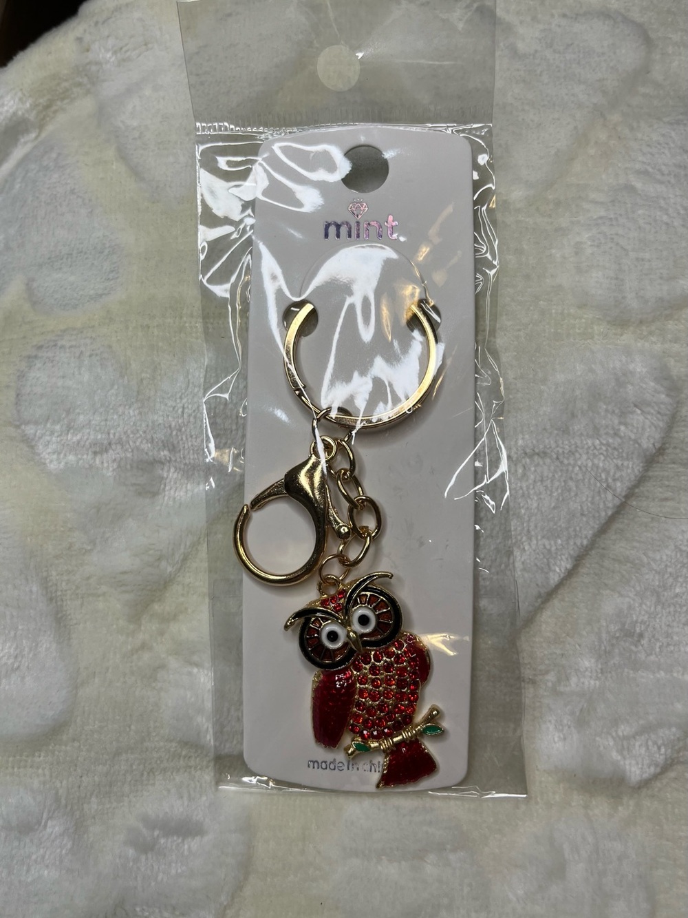 Mint Red and Gold Owl Keychain Charm